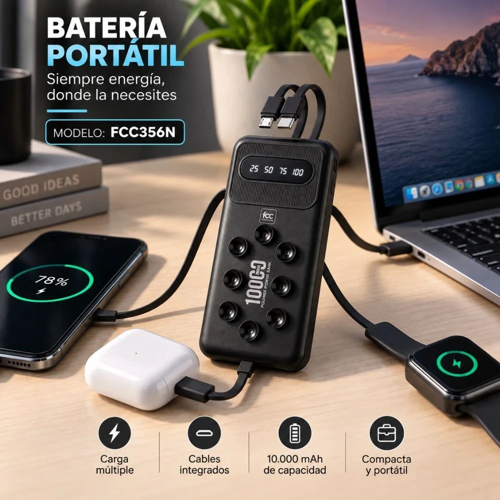 🔋 Batería Portátil • Ventosas • Cables Incorporados 