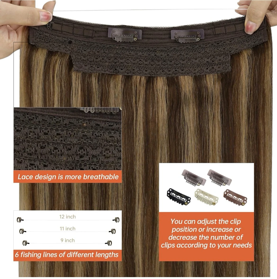 Extensiones de cabello humano real, con cable/hilo y clips ajustables, aplicación invisible, 2.82 onzas, 14 pulgadas, color castaño oscuro con reflejos rubio caramelo 2