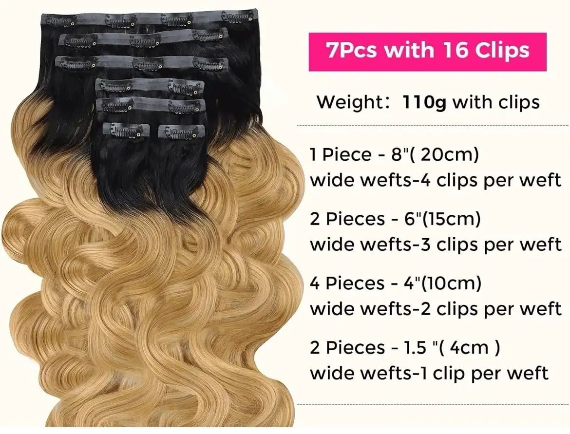 Extensiones de cabello humano con pinzas, sin costuras, 3.88 onzas (110 g), 7 unidades, 24 pulgadas, ondulado, negro natural degradado a rubio miel. 2