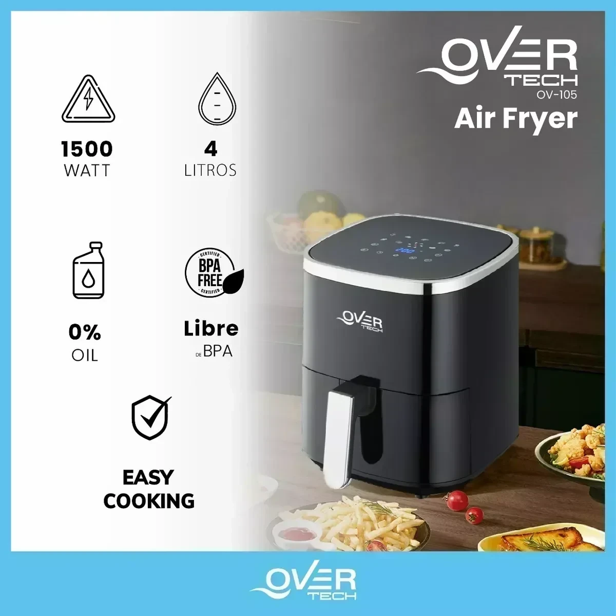 Freidora Overtech Electrica De Aire 1500w 4 Litros Air Fryer Ov-105 Bpa Free 9 Programas Antiadherente