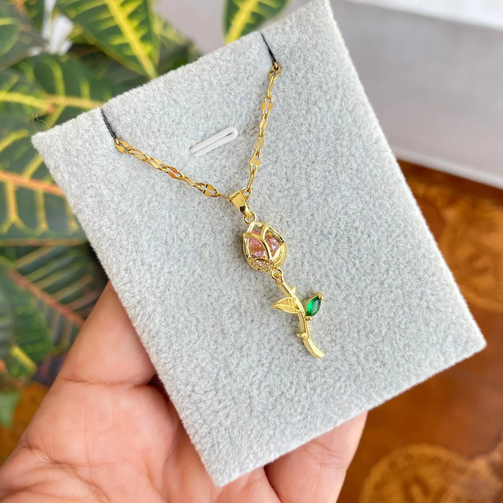 Cadena Y Dije En Acero Con Piedra Circon De Tulipan Rosa 3
