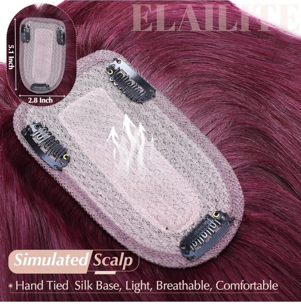 Toppers de cabello humano real para mujeres con cabello delgado, pequeños clips en piezas de cabello con flequillo para pérdida de cabello, 10  pulgadas, #99, borgoña 2