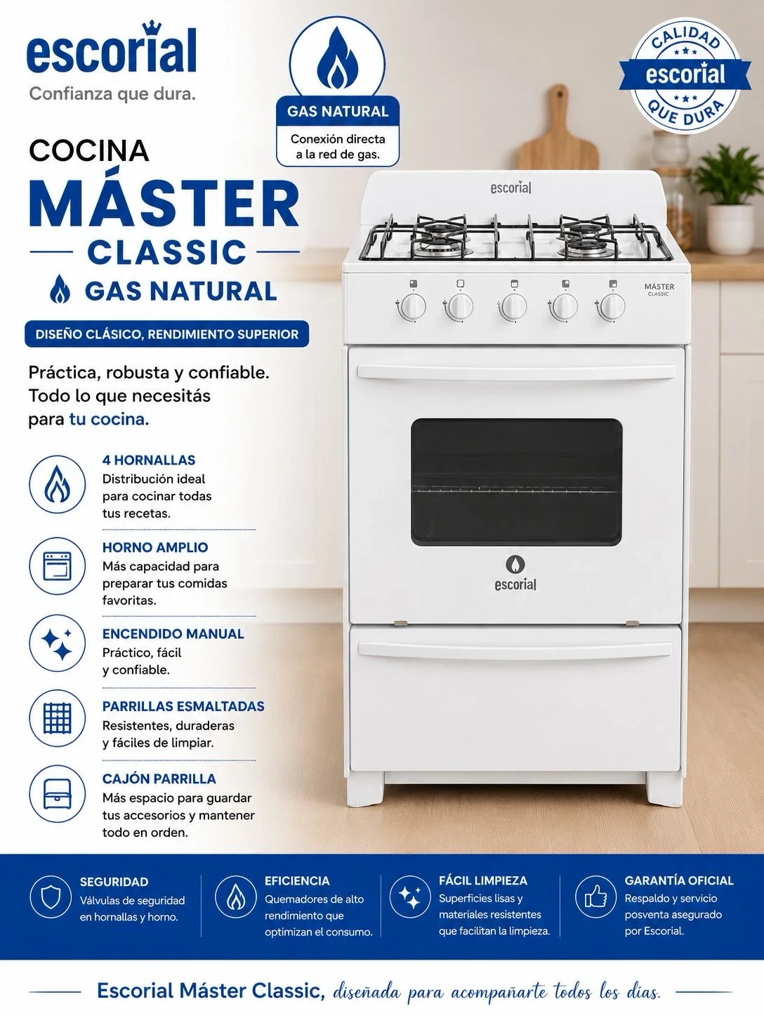 Cocina Escorial Master Classic gas natural 4 hornallas blanca puerta con visor