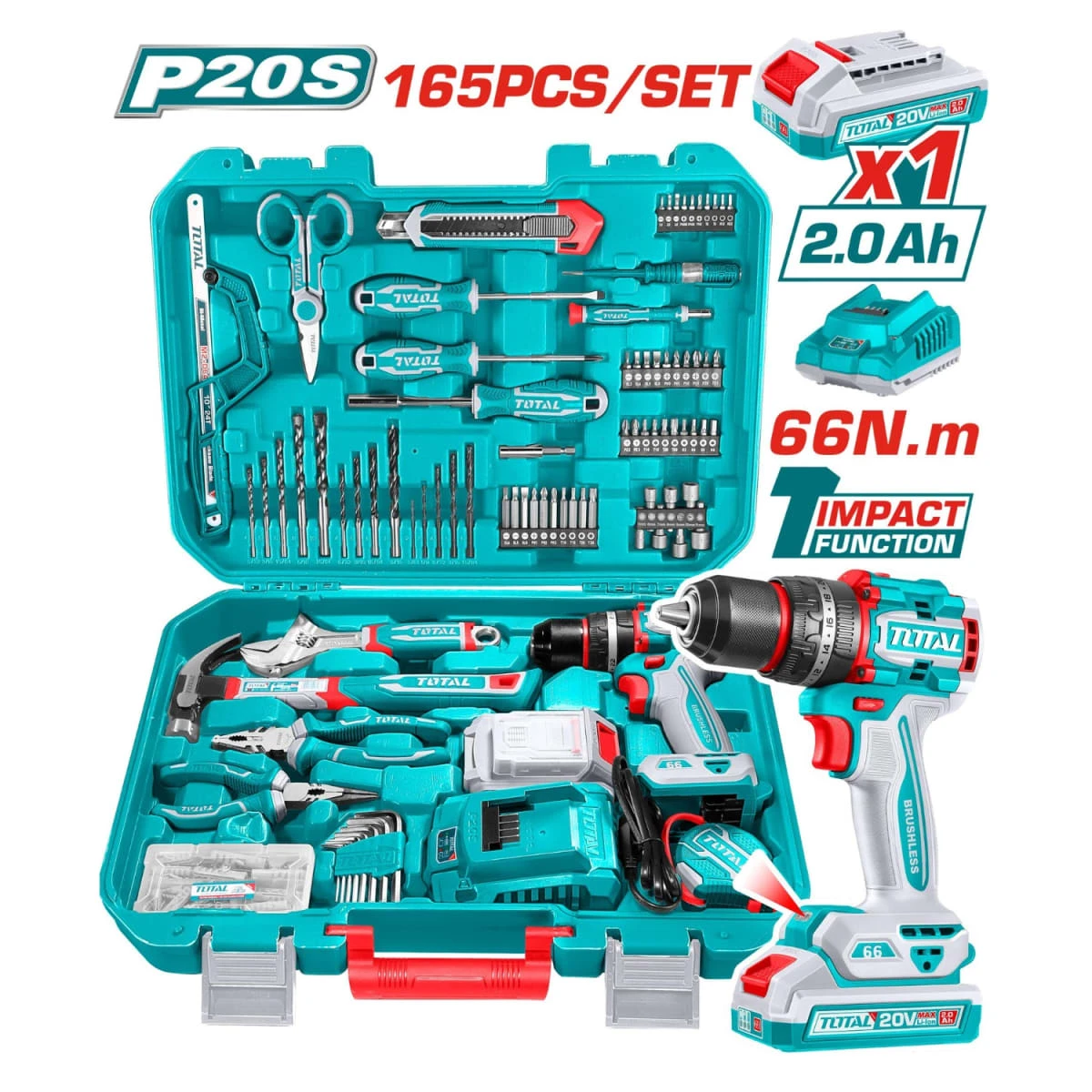 THKTHP11652 Taladro percutor 66nm 20v + 165 herramientas total