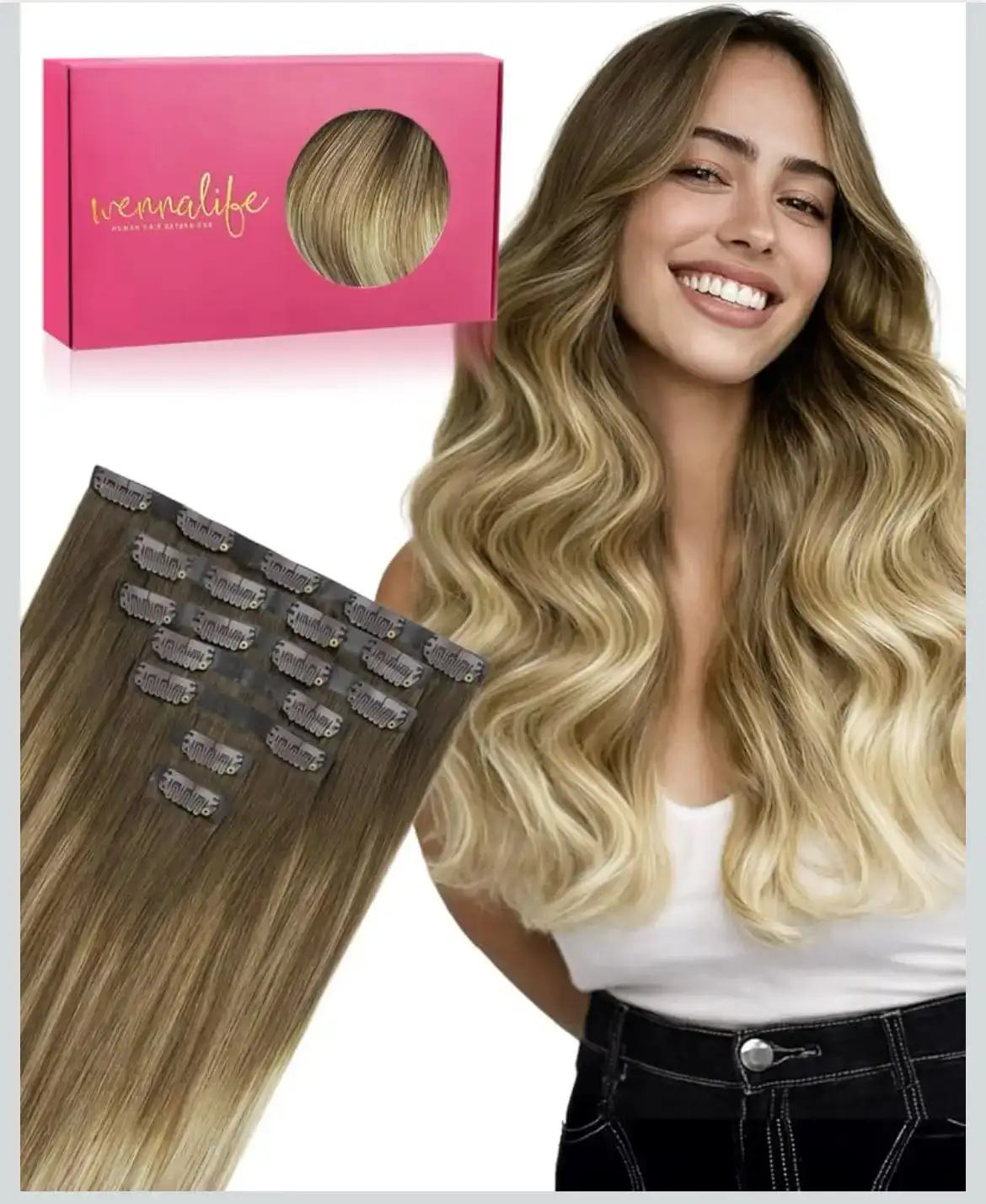 Extensiones de cabello humano real sin costuras, 18 pulgadas, 4.33 onzas de color marrón nogal degradado a castaño ceniza y rubio decolorado, trama invisible de piel, cabello real
