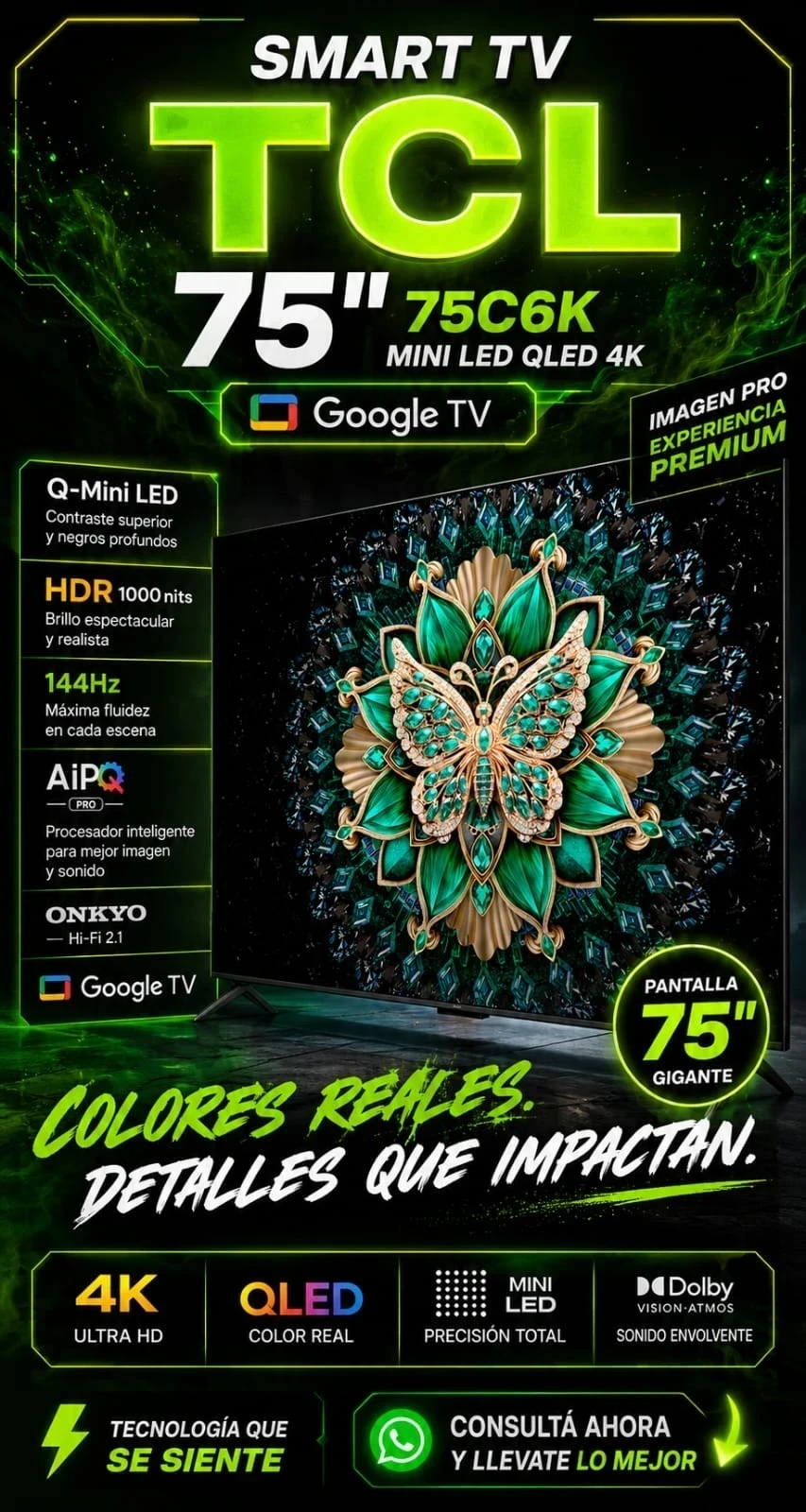 Smart Tv TCL 75" Mini Led Qled 4K Google TV