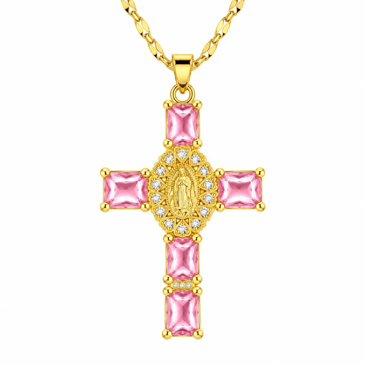 Cadena Y Dije En Acero Con Piedra Circon De Cruz Corazones Virgen De Guadalupe Rosa