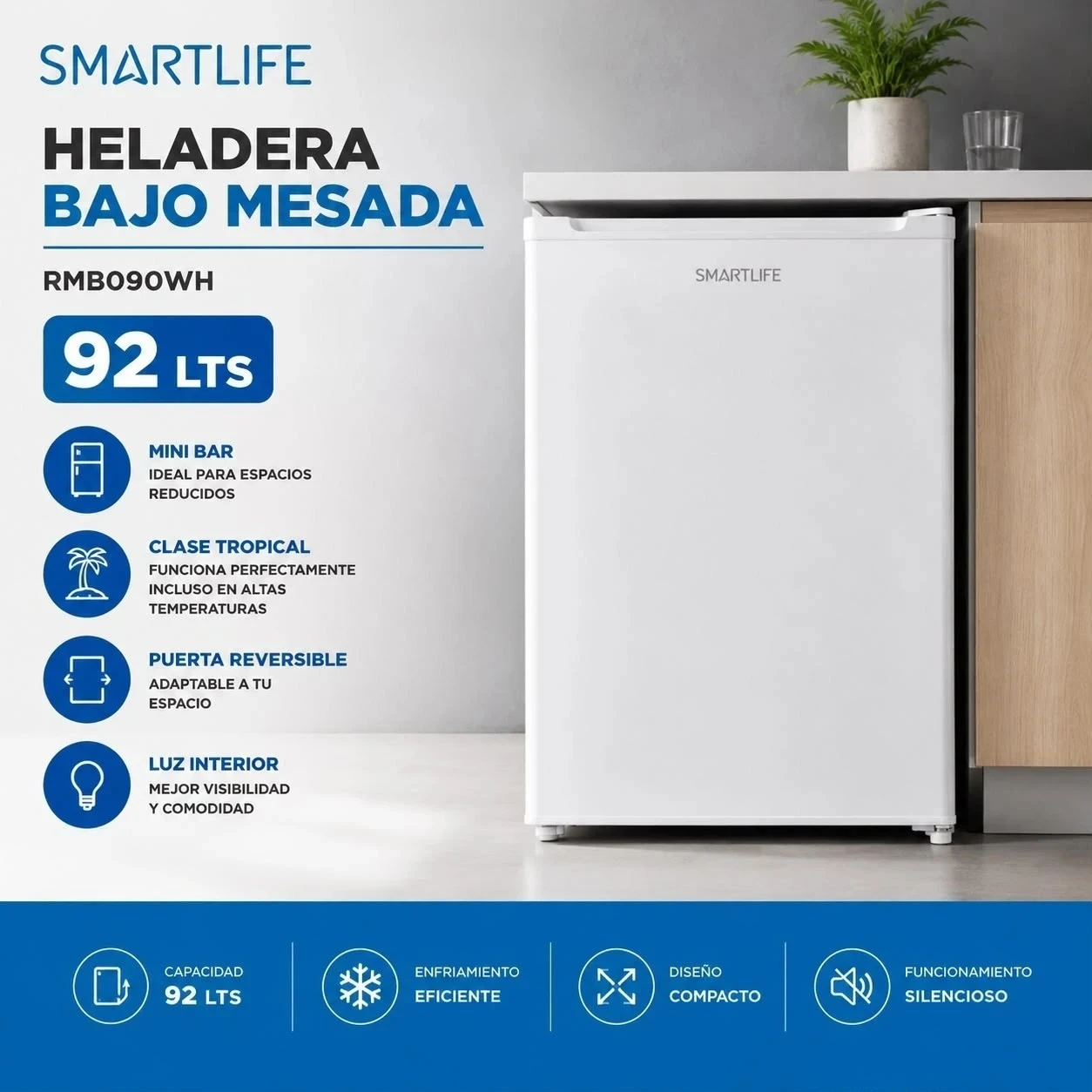 HELADERA BAJO MESADA SMARTLIFE RMB090WH 92Lts