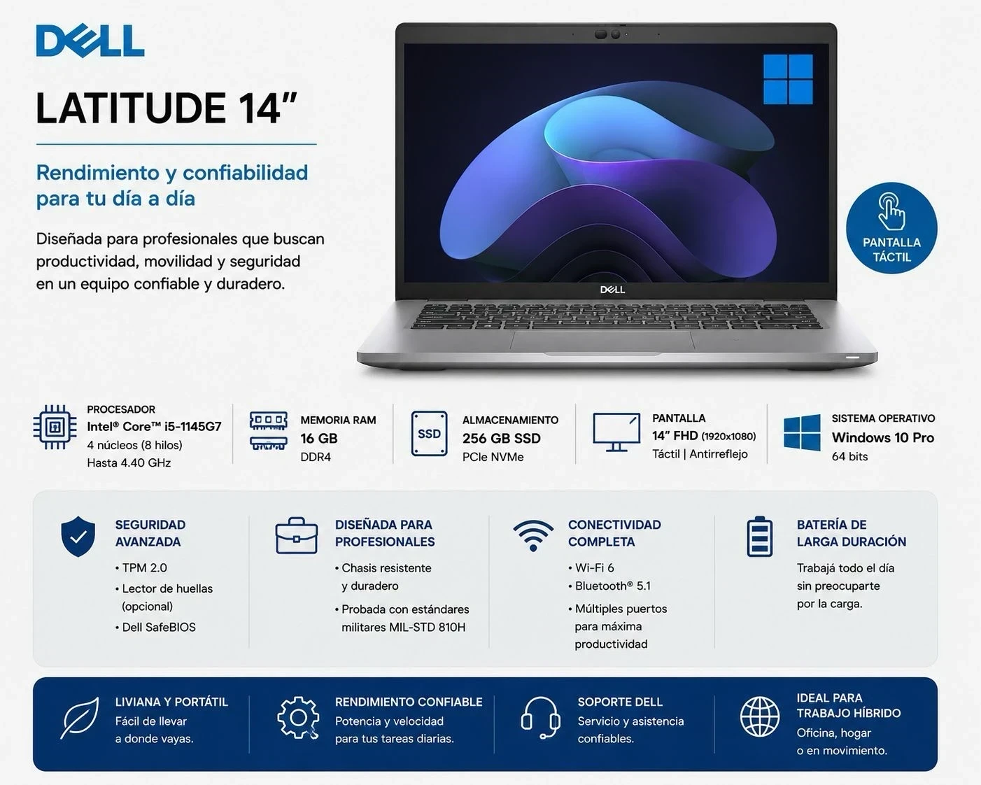 Notebook Dell Latitude 14" (Intel Core I5-1145g7 | 16Gb Ram | 256Gb Ssd | Windows 10 Pro