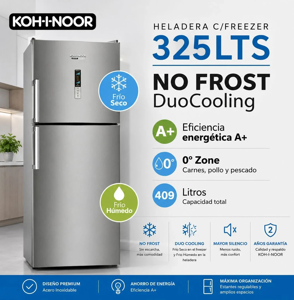 HELADERA KOHINOR C/FREEZER 325LTS KOH-I-NOOR NO FROST DUOCOOLING INOX*