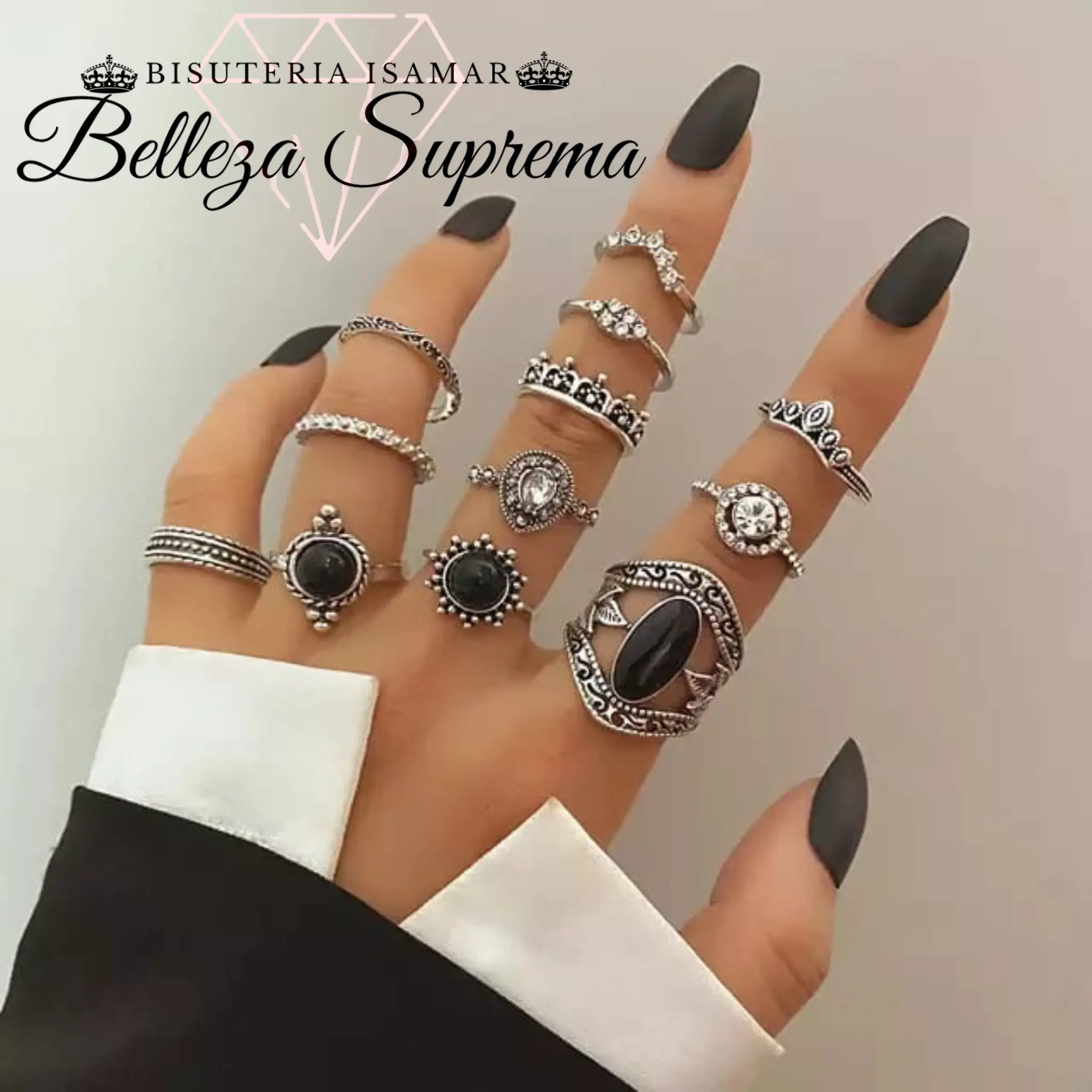 SET DE 12 ANILLOS EN PLATA QUEMADA PEDRERIA NEGRA 