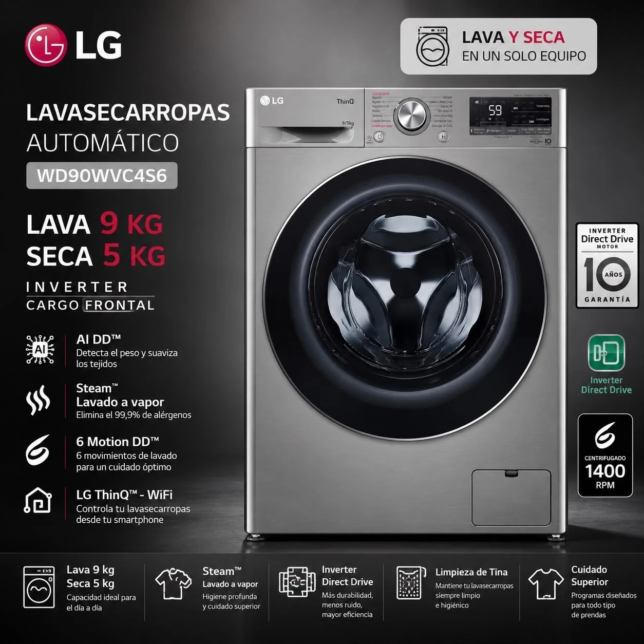 LAVASECARROPAS LG 9kg/5kg 1200rpm INVERTER INOXIDABLE
