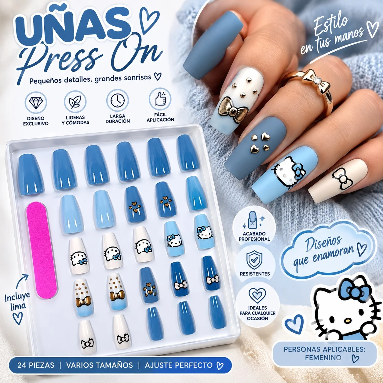lumera caja de uñas press on blue Kawai 