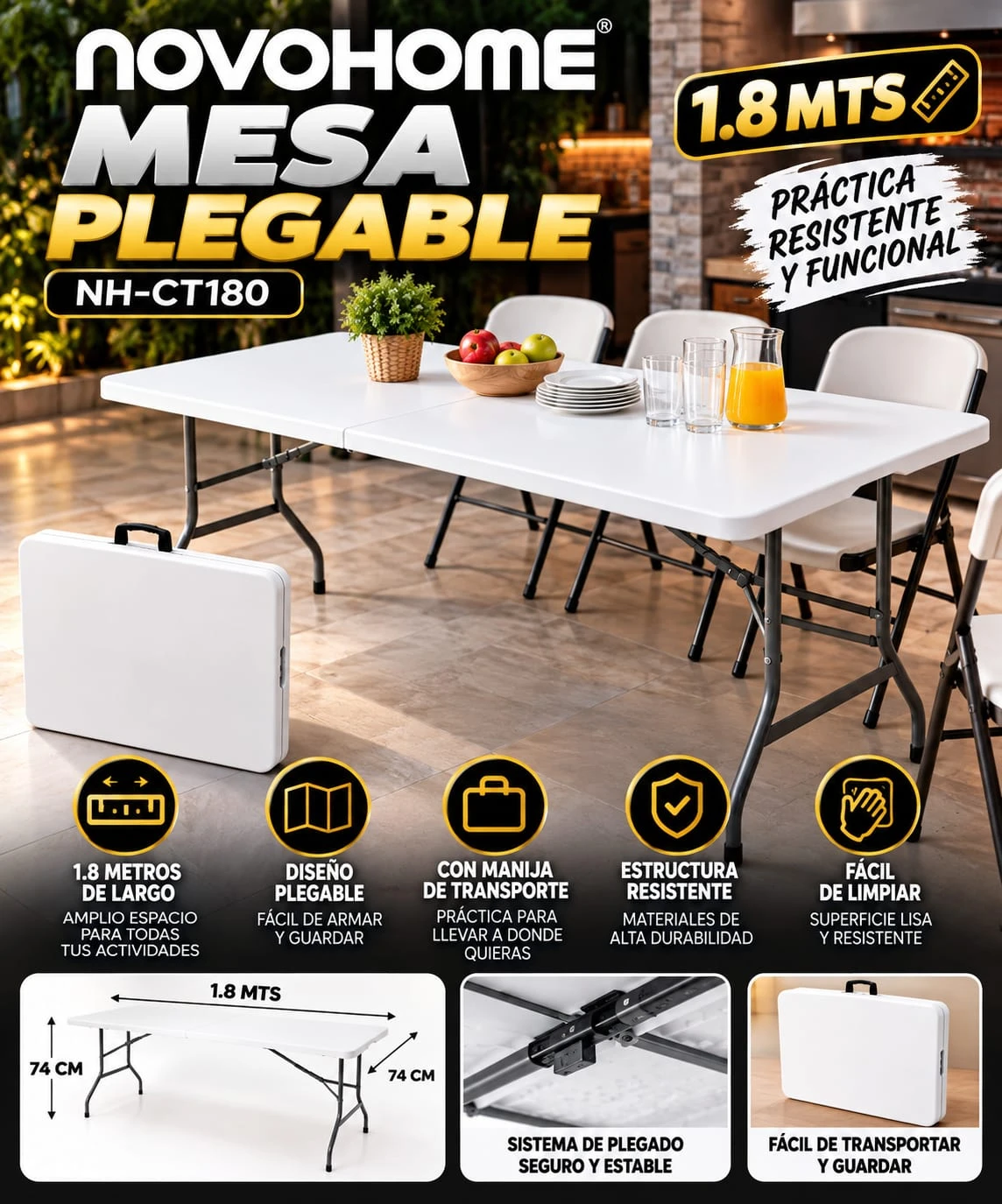 Mesa Plegable 1.8 Mts Novohome Blanca 