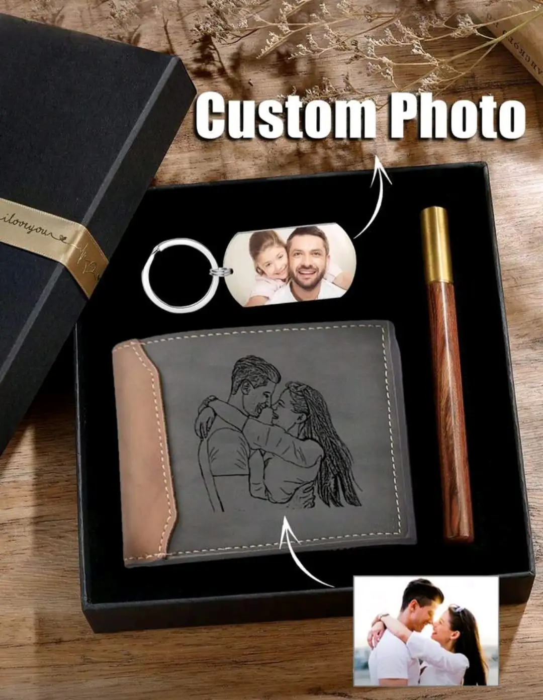 1 pieza Caja de regalo personalizada para días festivos, con fotos y texto personalizados, caja de regalo tipo billetera para papá, regalo de hija e hijo a papá, adecuado para cumpleaños, Día del Padre, Navidad, Acción de Gracias, que incluye billetera, llavero, bolígrafo y caja de embalaje, caja de regalo para días festivos/regalo de cumpleaños para hombres/padres, útiles escolares, para regalos de maestros, para la universidad, para colegas, para dormitorios, para maestros, para niños y niñas, para adolescentes, estudiantes de último año de secundaria, estudiantes universitarios, billeteras y tarjeteros personalizados, fácil comodidad