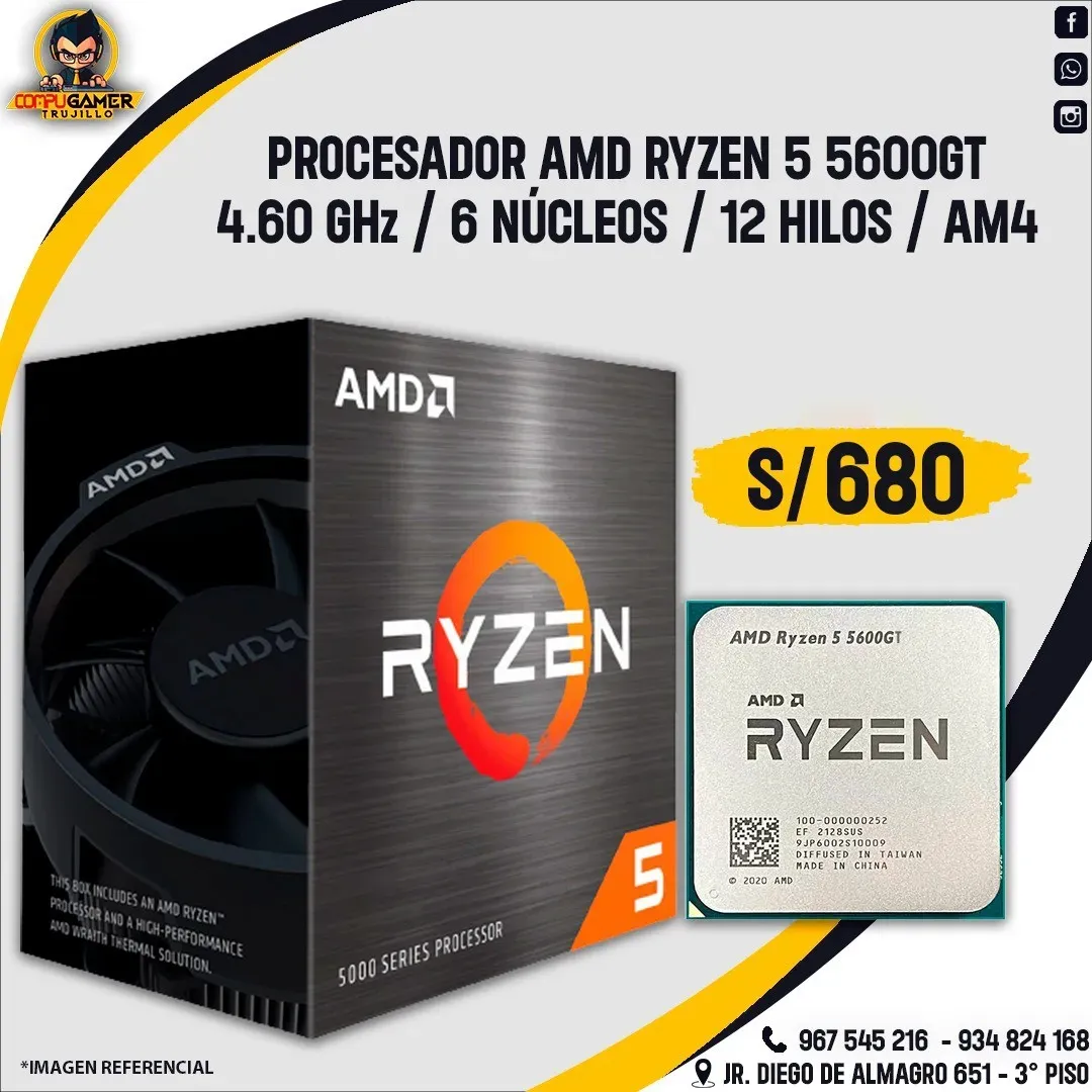 PROCESADOR AMD RYZEN 5 5600GT AM4, 4.60GHZ, 6 NÚCLEOS, 12 HILOS