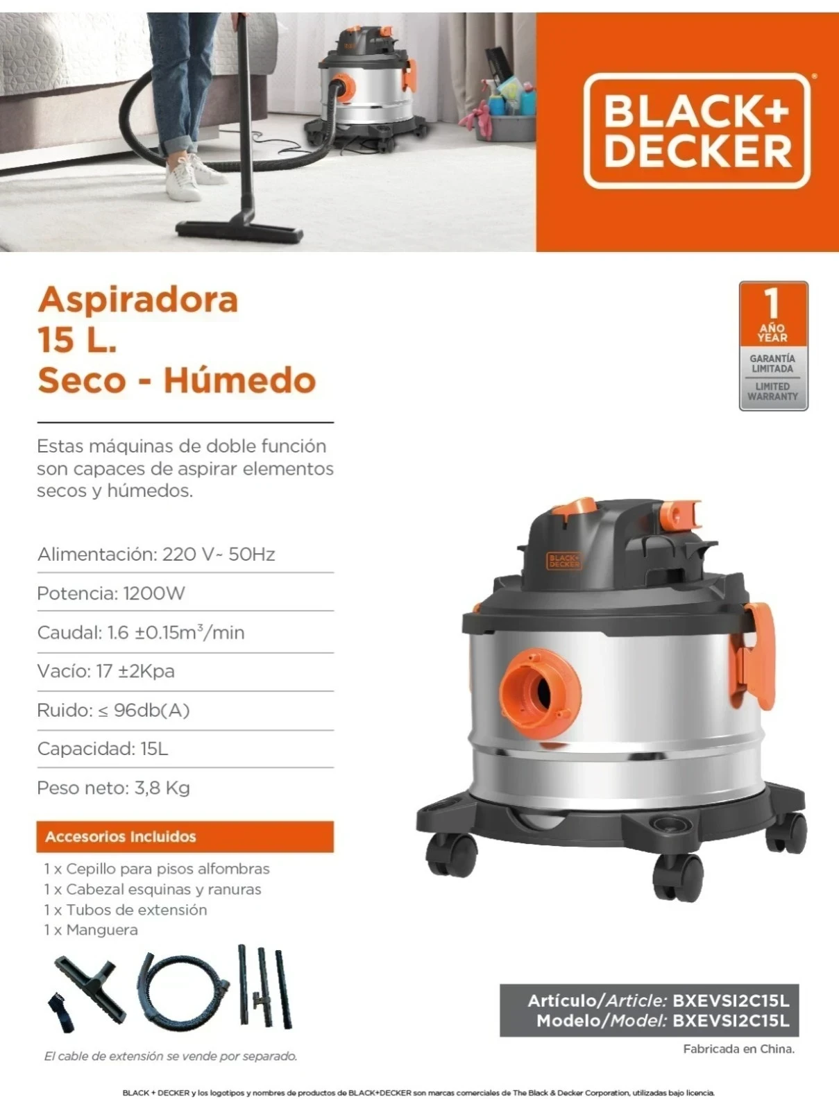 ASPIRADORA DE TACHO 15LTS BLACK AND DECKER 