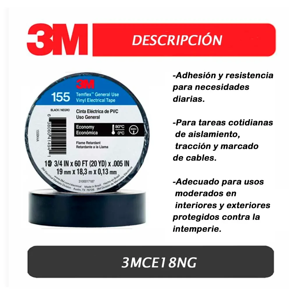 CINTA AISLANTE 3M NEGRO 1000 ECO 18 MTS X 19MM X 0.15MM
