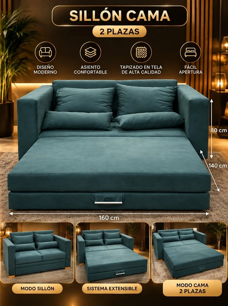 SILLÓN CAMA 2 PLAZAS – VERDE PETRÓLEO *CONSULTA DISPONIBILIDAD CON EL VENDEDOR*