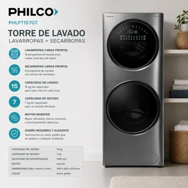 TORRE DE LAVADO PHILCO PHLFT157GT - 15/7KG SILVER