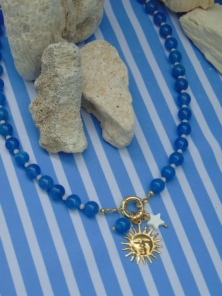 CHOKER ACERO DOR AGATA AZUL REY REDOND DIJE SOL BROCHE MARINERO