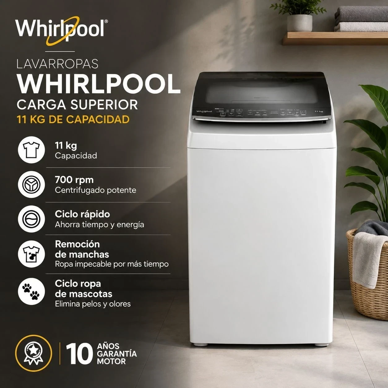 LAVARROPAS WHIRLPOOL 11KG CARGA SUPERIOR BLANCO.  ‼️SOLO POR PEDIDOS ‼️ 