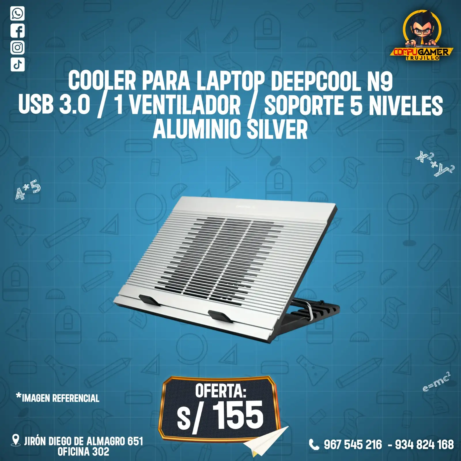 COOLER DEEPCOOL N9 ALUMINIO SILVER PARA LAPTOP 