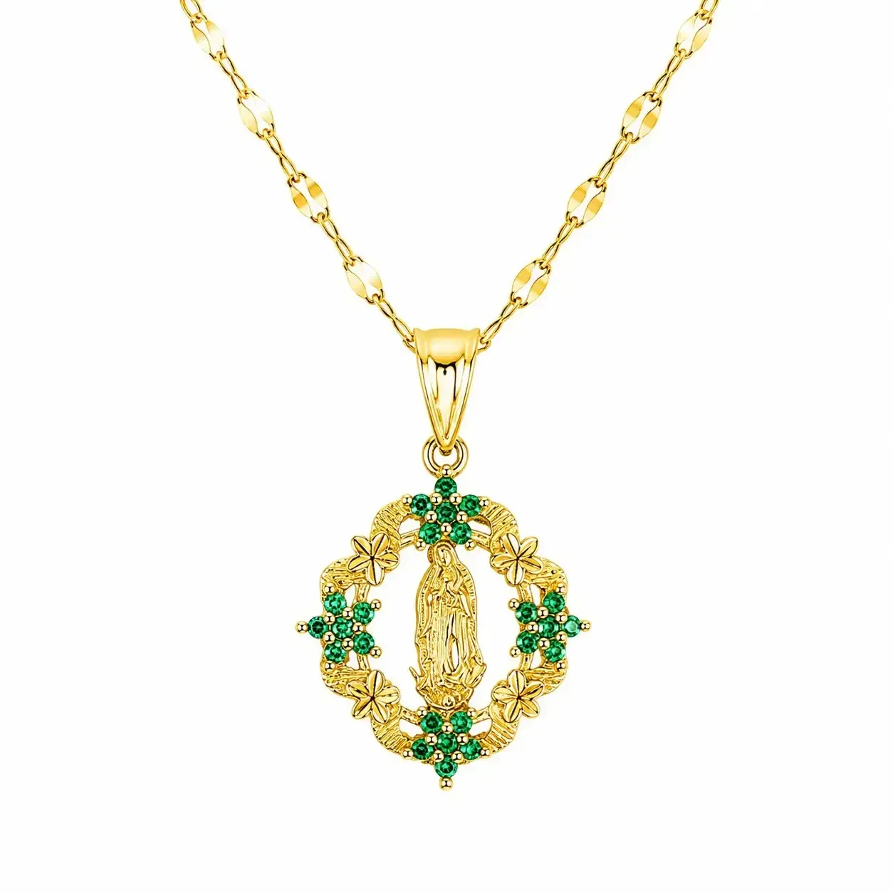 Cadena Y Dije En Acero Con Piedra Circon De Virgen Flores Verdes