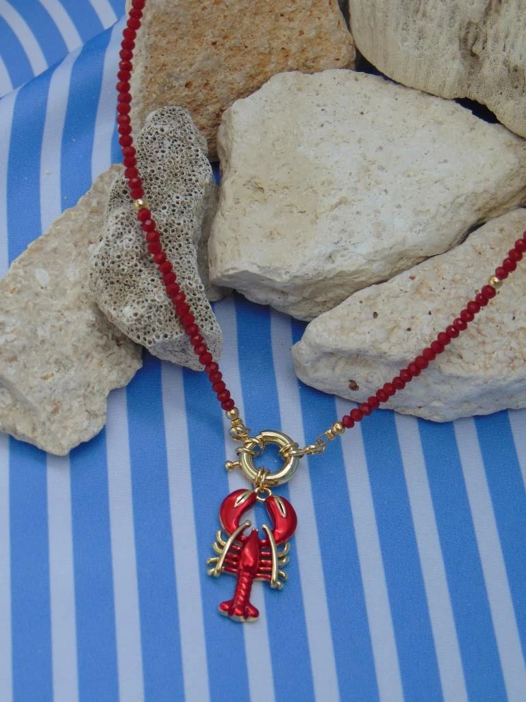 CHOKER ACERO DOR MURANO ROJO DIJE CANGREJO BROCHE MARINERO 2