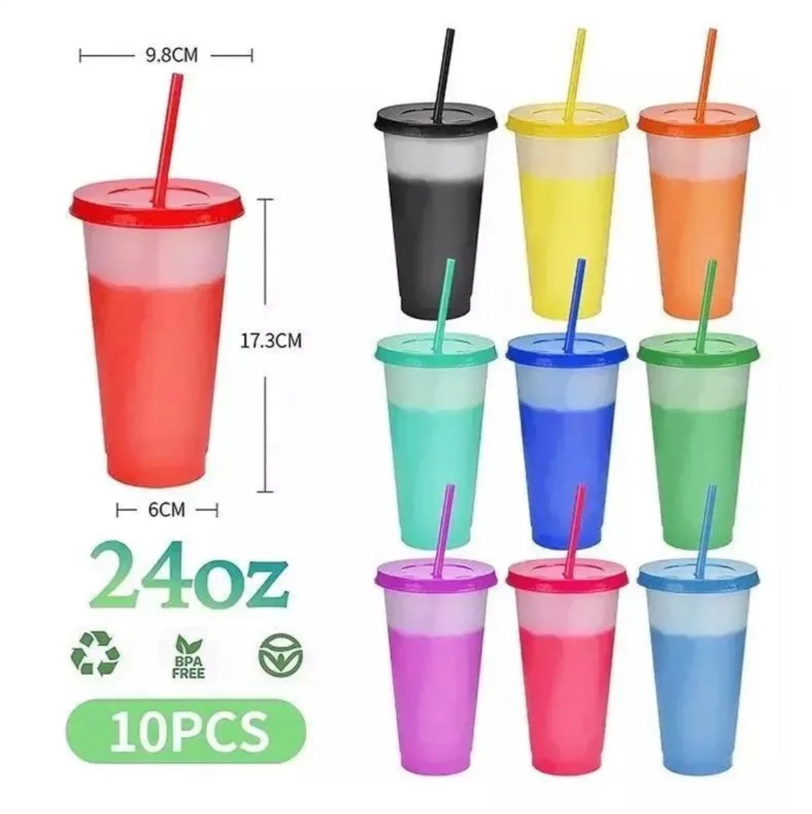 Pack 10 Vasos Mágicos Mágicos Mágicos (710 ml / 24 oz) Cambian de Color con Bebidas Frías ✨🥤 | Reutilizables con Tapa y Popote 2
