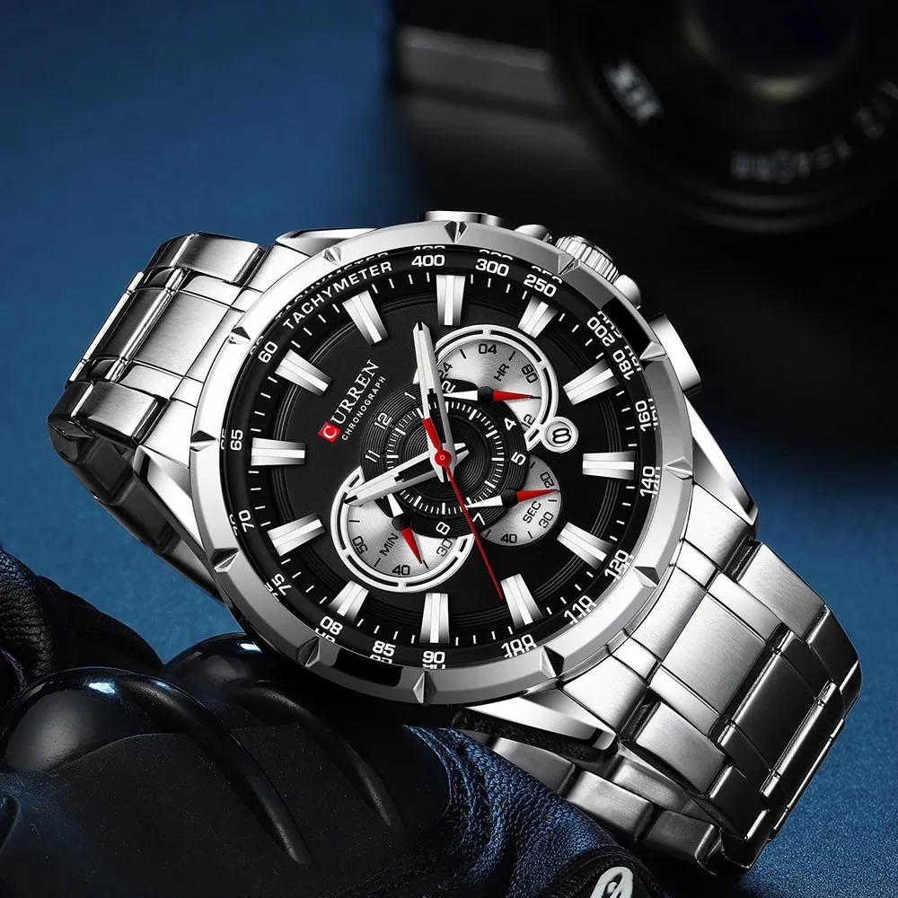 Reloj Curren Original Acero Cronografo 8363 Plateado Fondo Negro 2