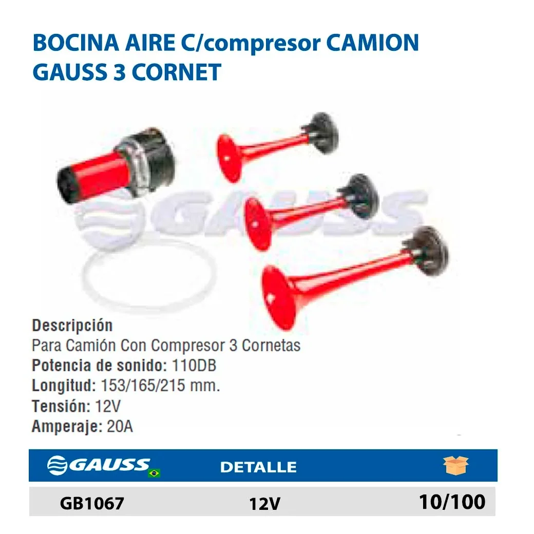 BOCINA AIRE C/compresor CAMION GAUSS 3 CORNET 12V