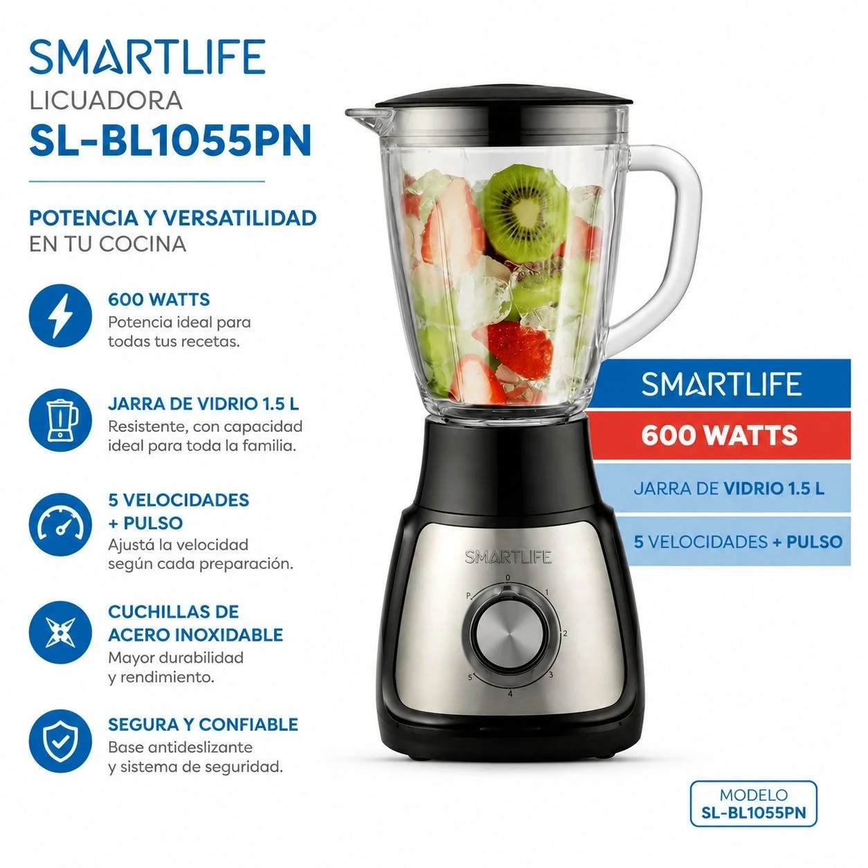 Licuadora SMARTLIFE 1,5 litros Jarra Vidrio Pica Hielo 600W 