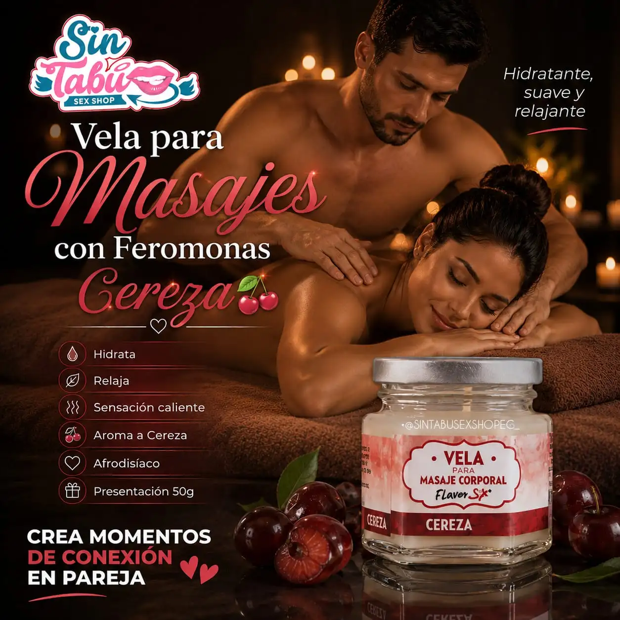 VELA PARA MASAJES CON FEROMONAS AROMA CEREZA 