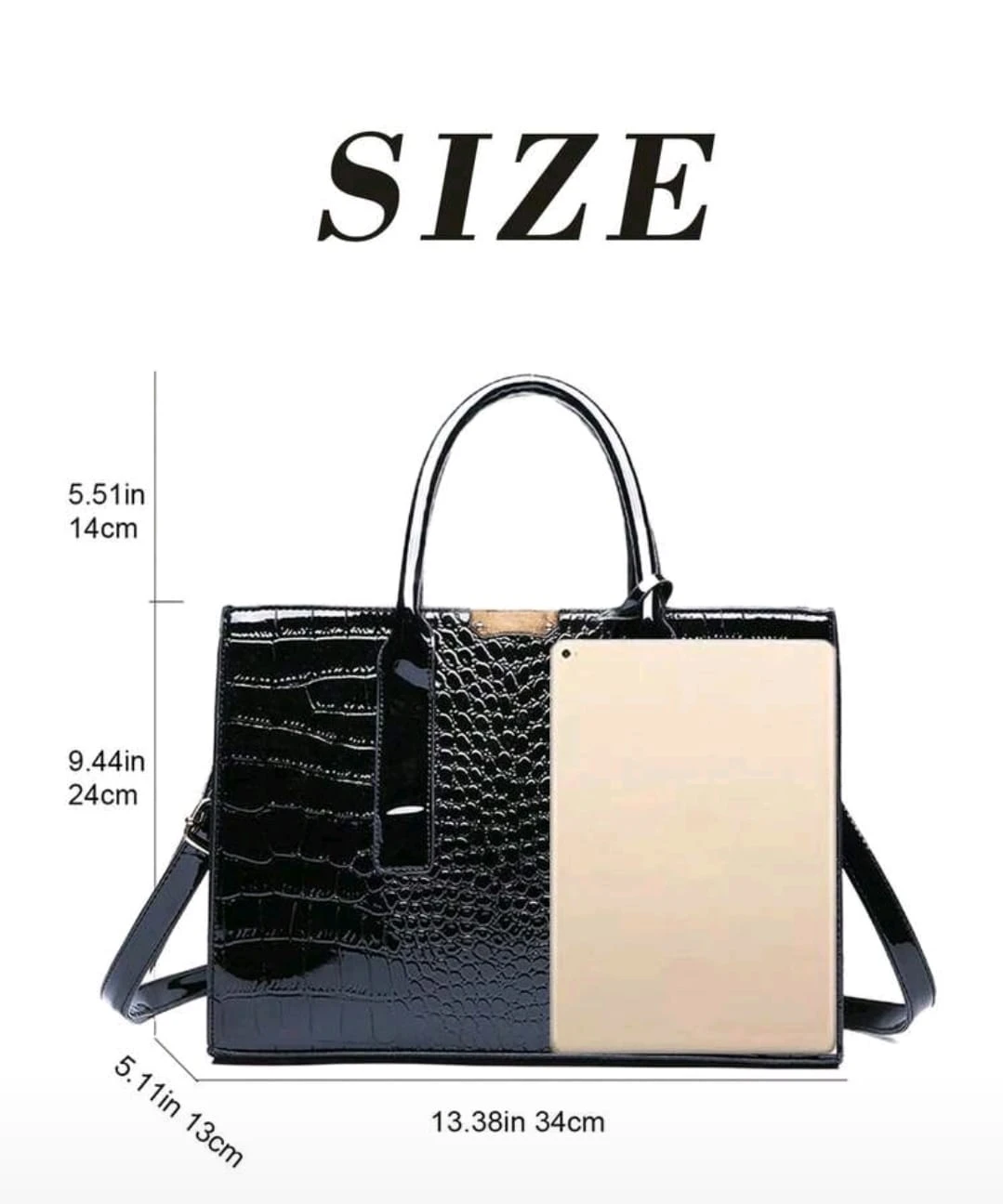 Bolso amplio elegante de piel sintética de cocodrilo  negra  3