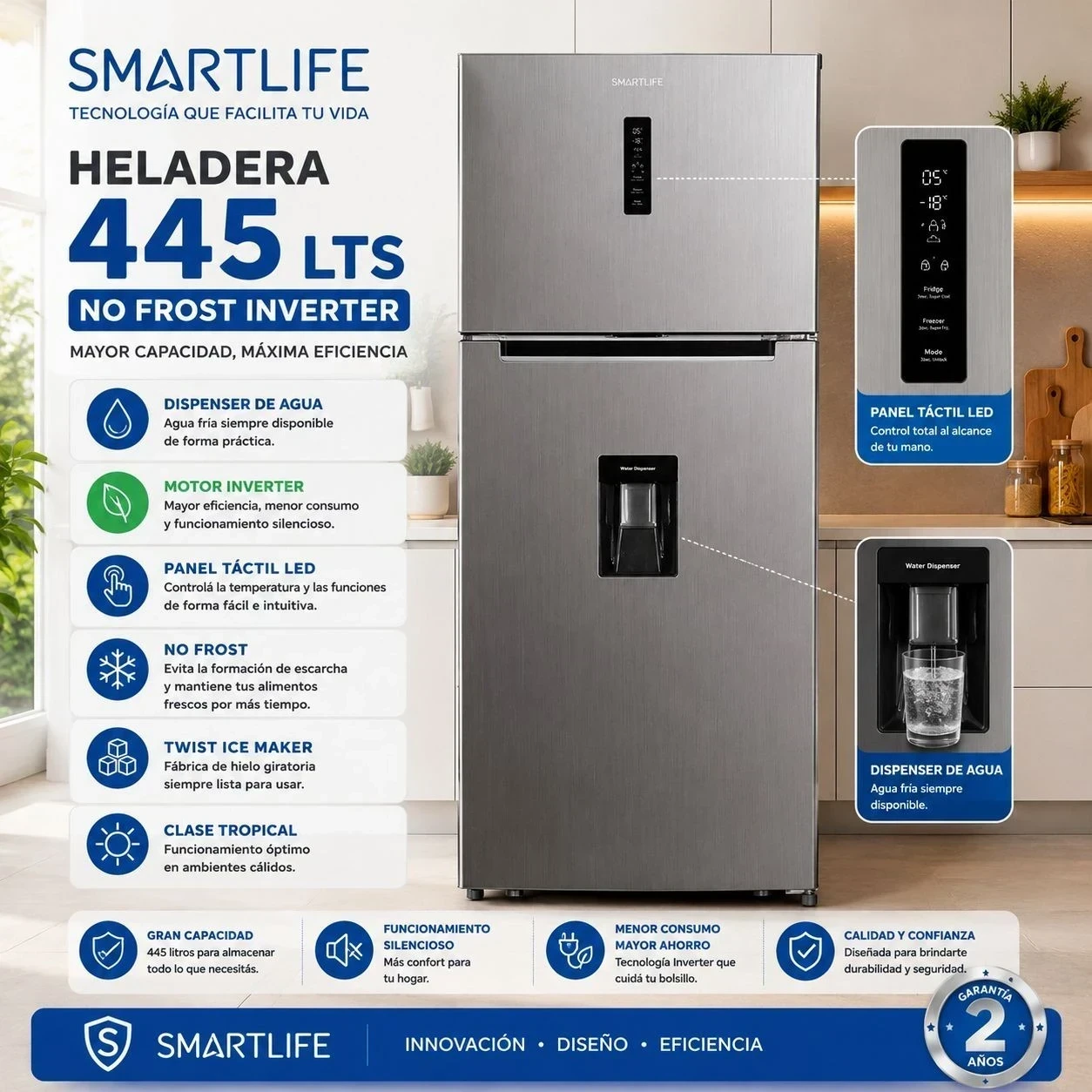 Heladera Smartlife RNF460SDINV con Dispenser No Frost Inverter Dig 445L