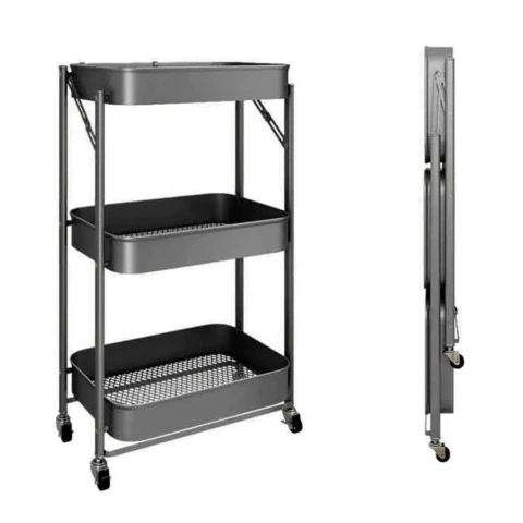 Carro Organizador Metálico Plegable 3 Estantes Con Ruedas (Negro) 2