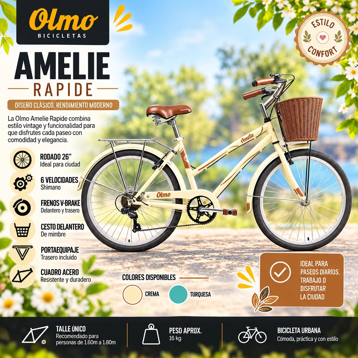 BICICLETA OLMO AMELIE RAPIDE RODADO 26 - CREMA