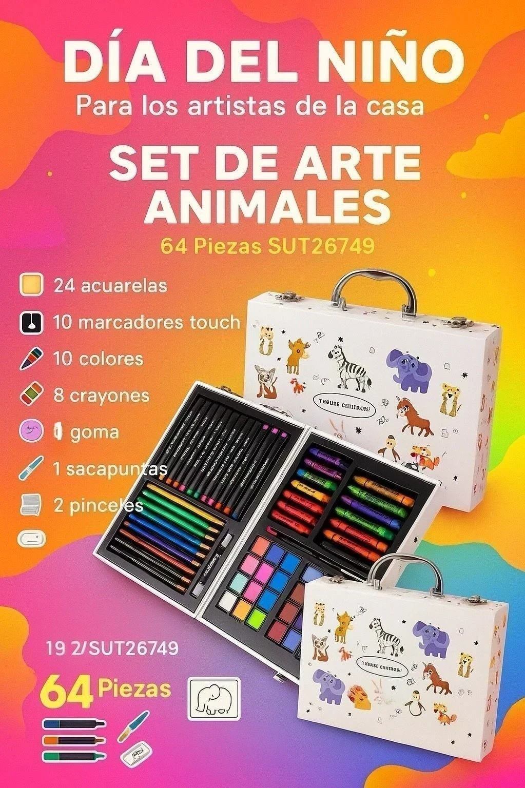 SET DE ARTE 64 PIEZAS  Animales 🐯🦁🐮🐷🐵🐥🦓🦍  ** 3