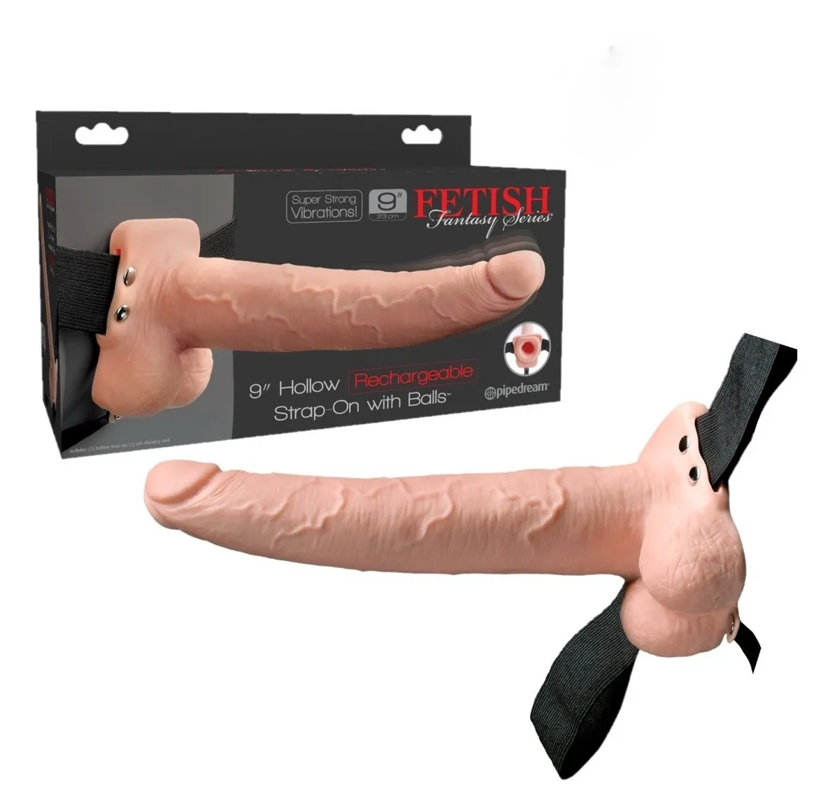 9" Hollow Rechargeable Strap On with Balls