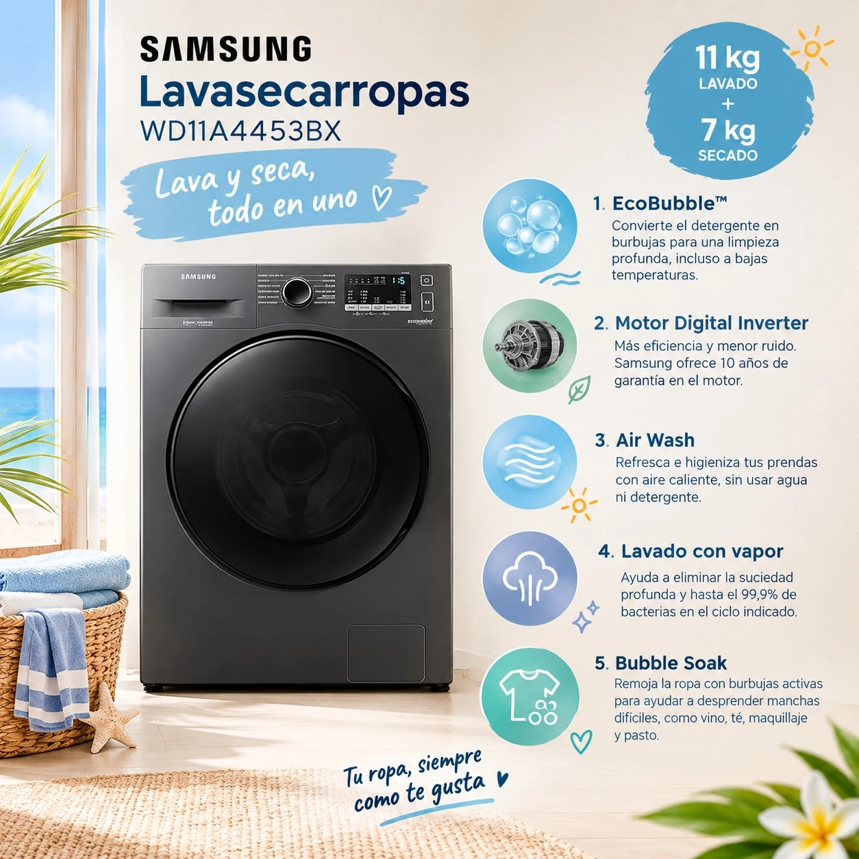 LAVASECARROPAS SAMSUNG WD11A4453BX – 11 KG + 7 KG