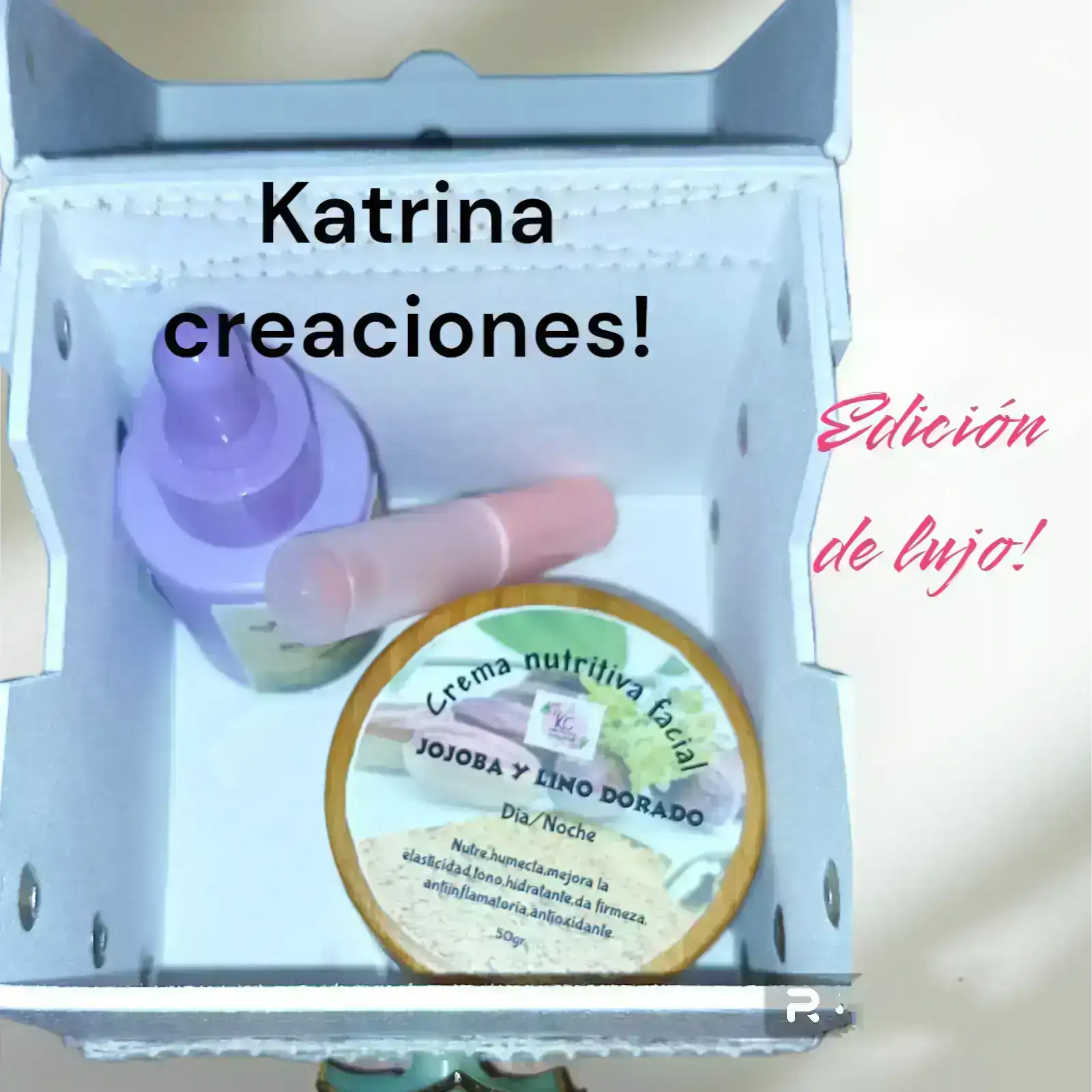 Kit edición de lujo,crema facial lino dorado /jojoba  y sérum. 3