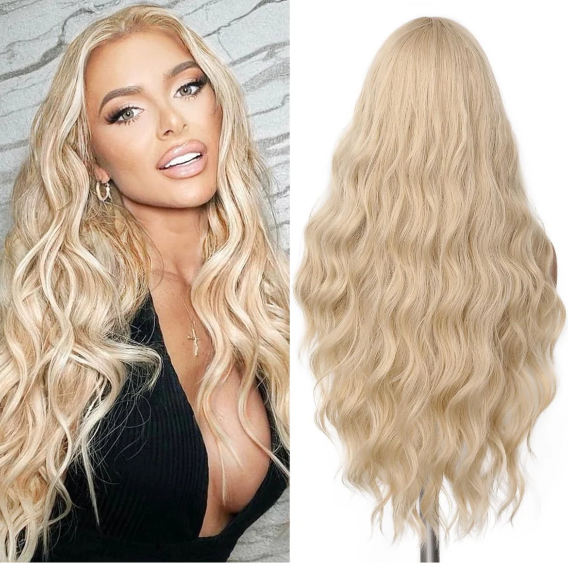 Peluca larga rubia ondulada sintética peluca rubia platinada peluca rubia partición media peluca rubia natural 