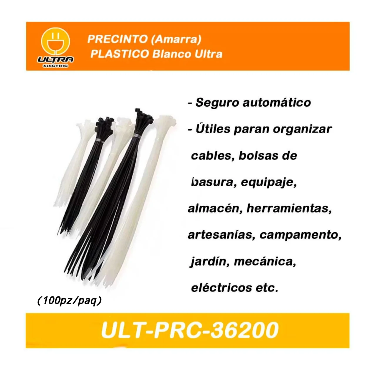 PRECINTO (Amarra) PLASTICO Blanco Ultra (100pz/bol) 3.6x 200mm