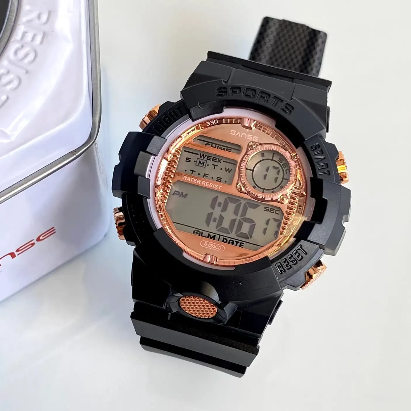 Reloj Deportivo Digital Sumergible Negro Oro Rosa 4