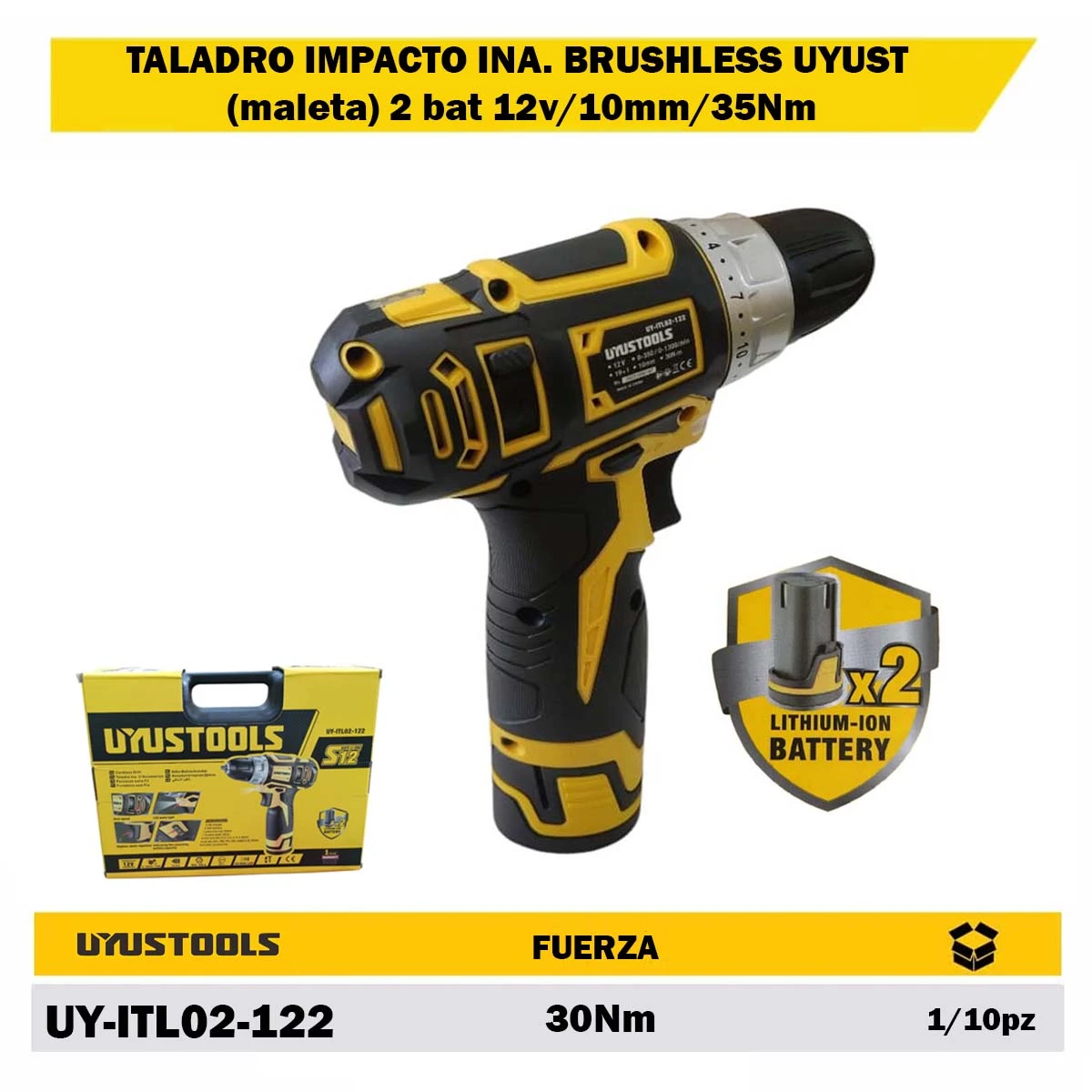 TALADRO IMPACTO INA. BRUSHLESS UYUST (maleta) 2 bat 12v/10mm/35Nm