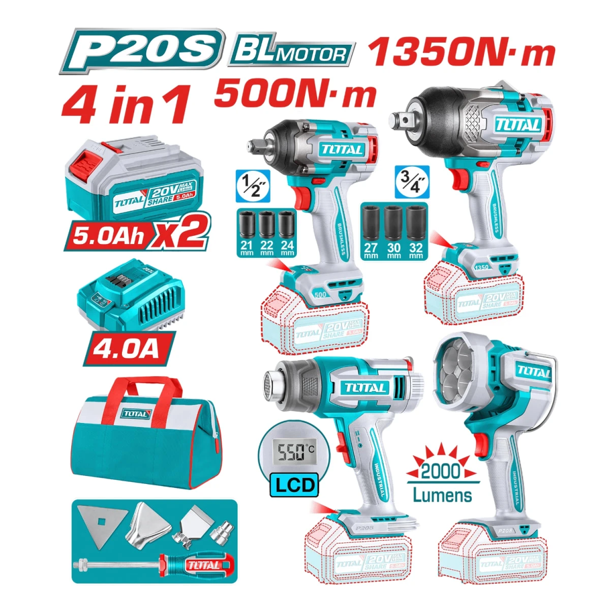 Mega combo llave de impacto 1350n.m + llave de impacto 500n.m. + pistola de calor + lámpara total SKU: TOSLI241293
