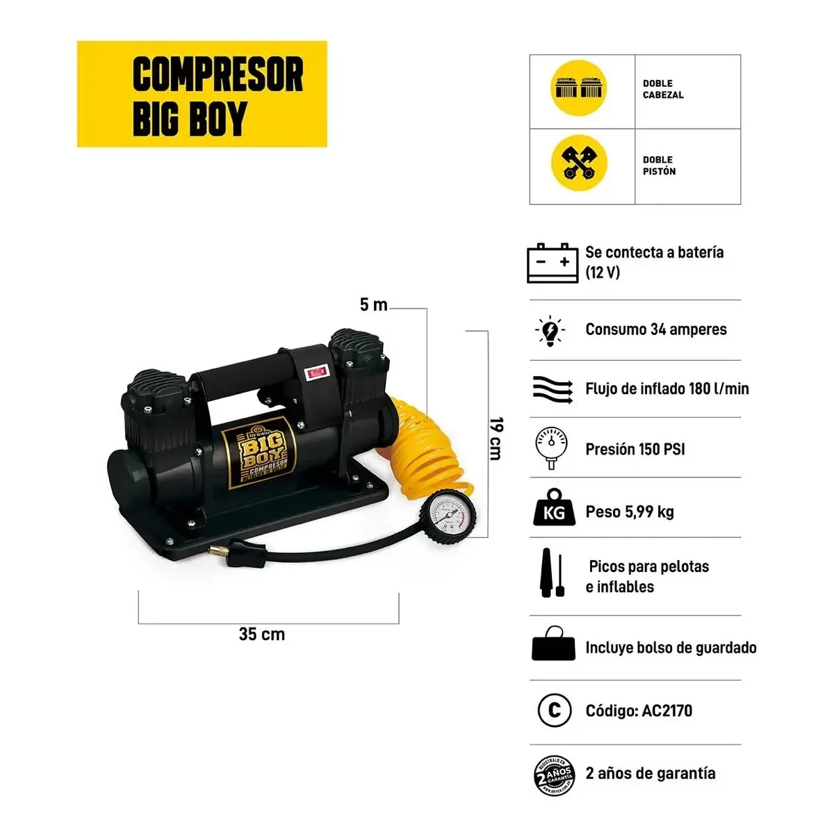 Compresor De Aire Doble Cabezal 180l/min 12v Big Boy Driven 2