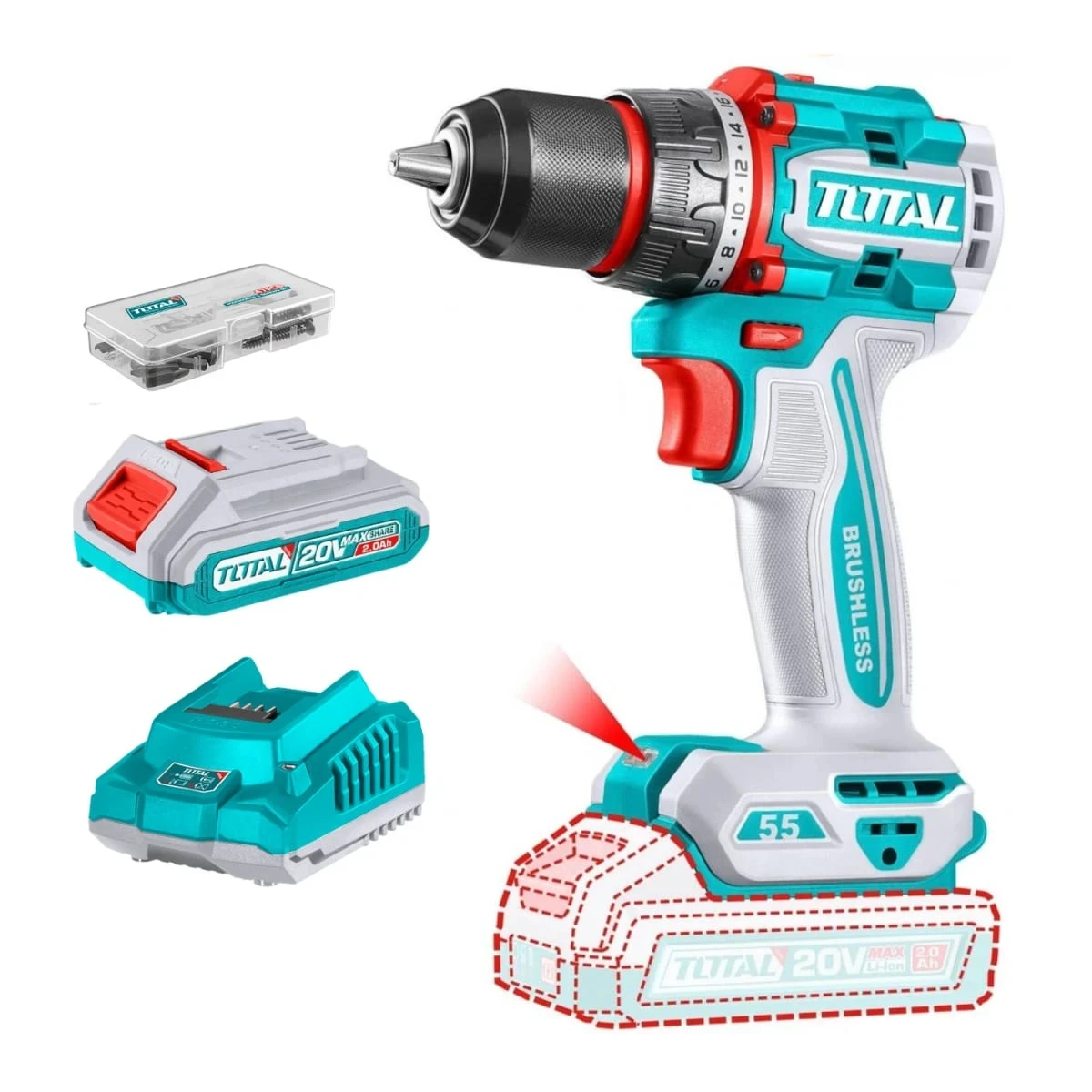 TDLI205582 Taladro atornillador 55nm 20v incluye batería y cargador tdli205582 total 3
