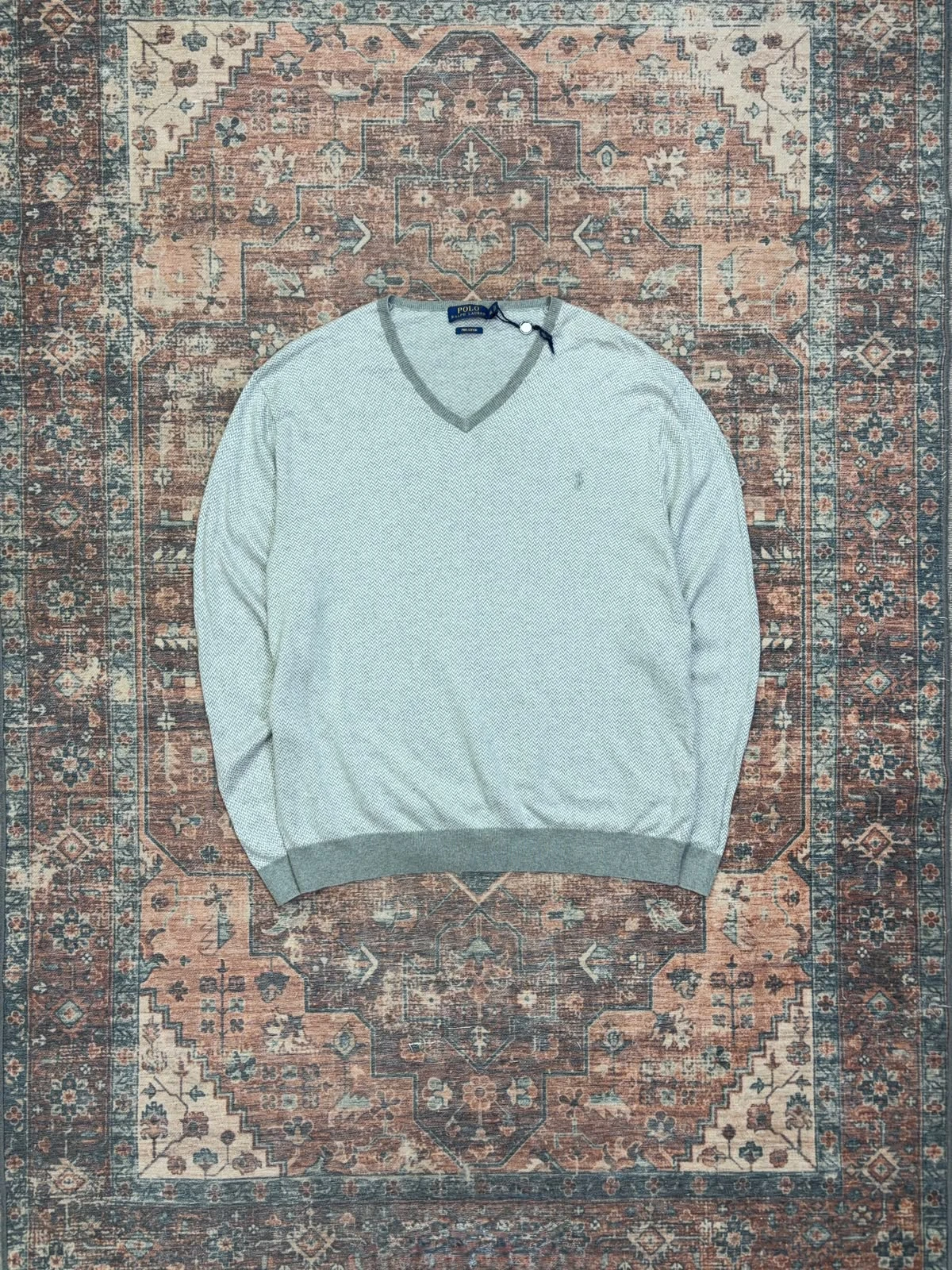 POLO RALPH LAUREN PIMA COTTON HERRINGBONE V-NECK SWEATER 2